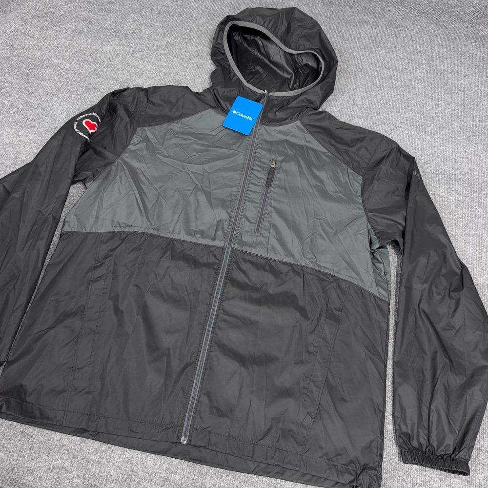 Columbia Jacket Men Large Black Flash Forward Windbreaker Full Zip Hood *LOGO*